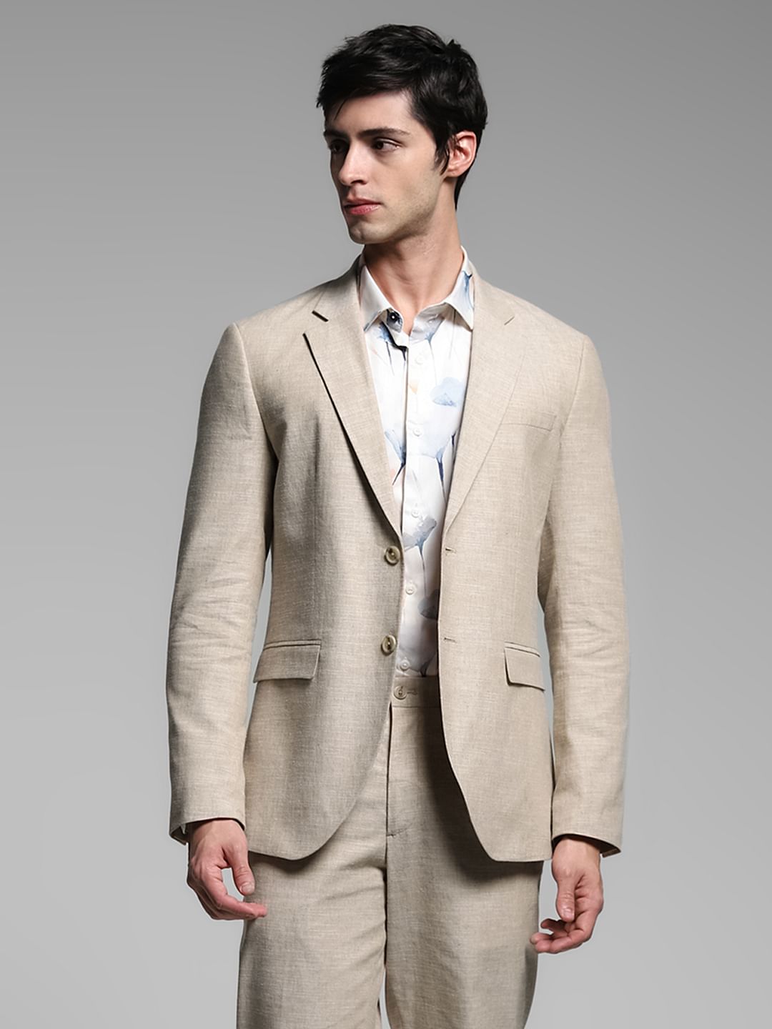 Beige Slim Fit Linen Blazer