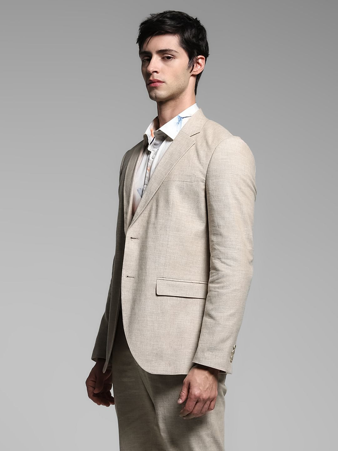 Beige Slim Fit Linen Blazer