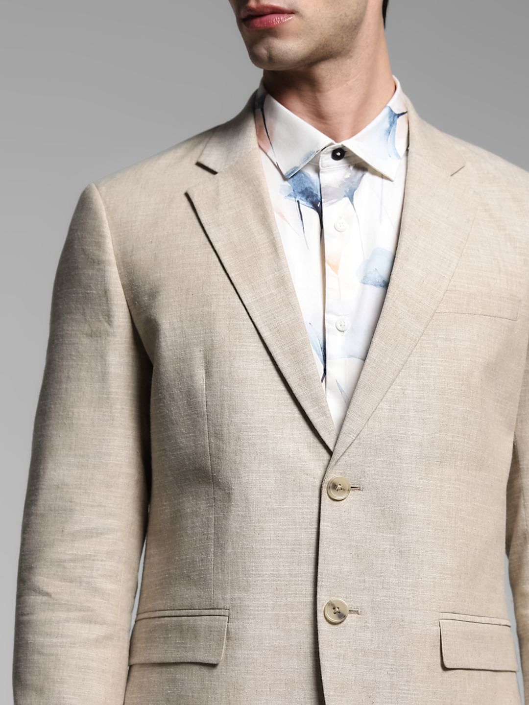 Beige Slim Fit Linen Blazer