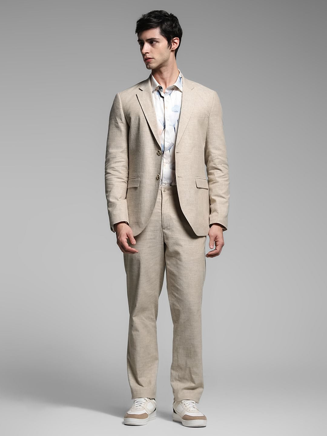 Beige Slim Fit Linen Blazer