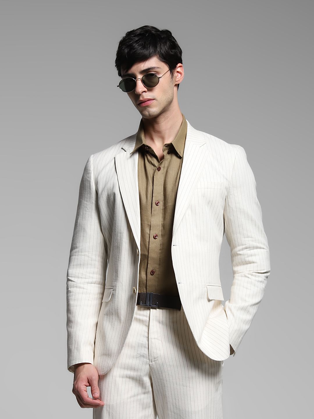 White Striped Slim Fit Linen Blazer