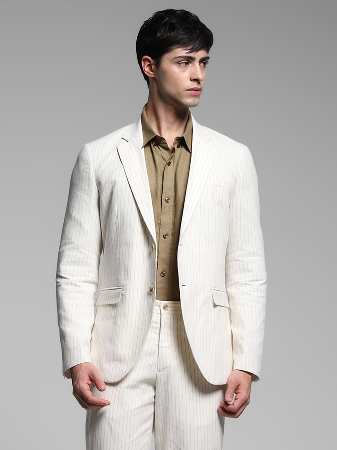 White Striped Slim Fit Linen Blazer