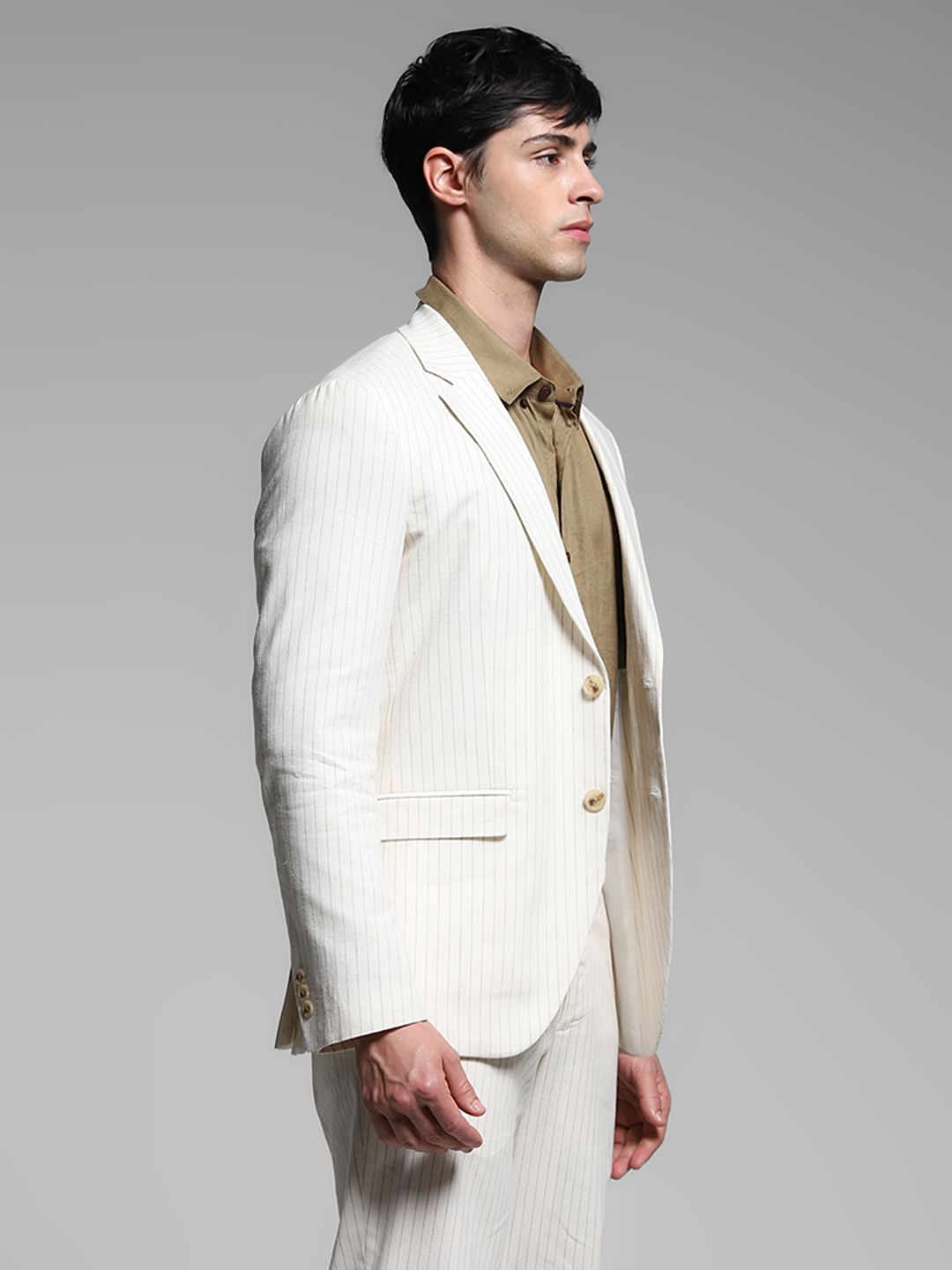White Striped Slim Fit Linen Blazer