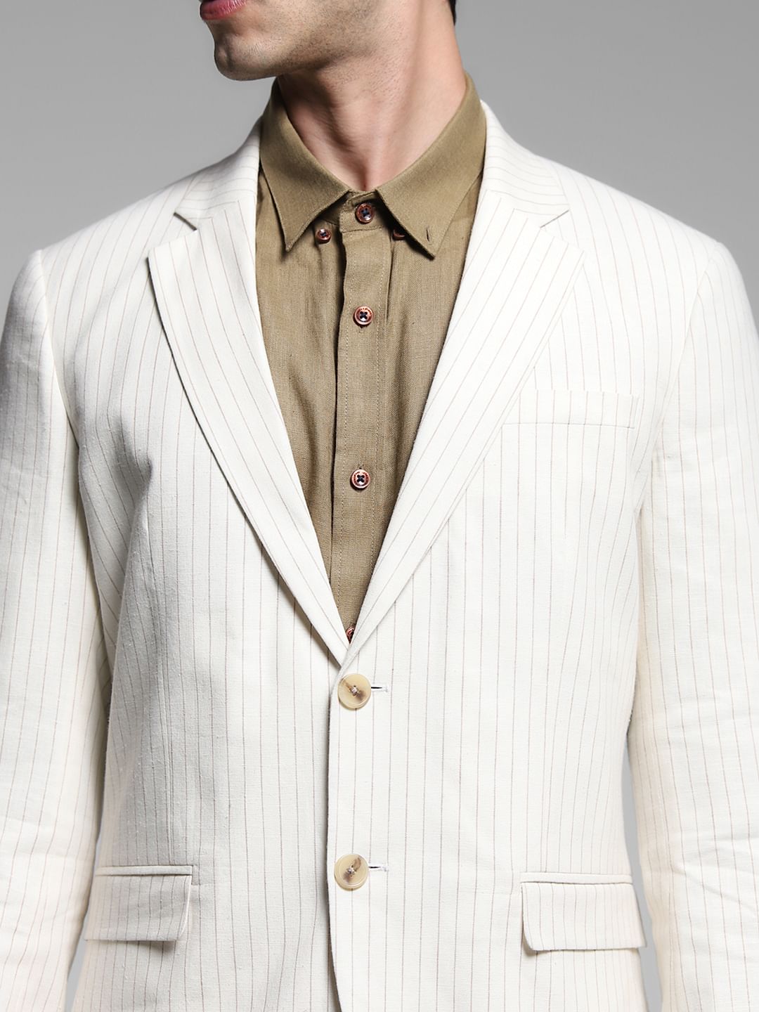 White Striped Slim Fit Linen Blazer