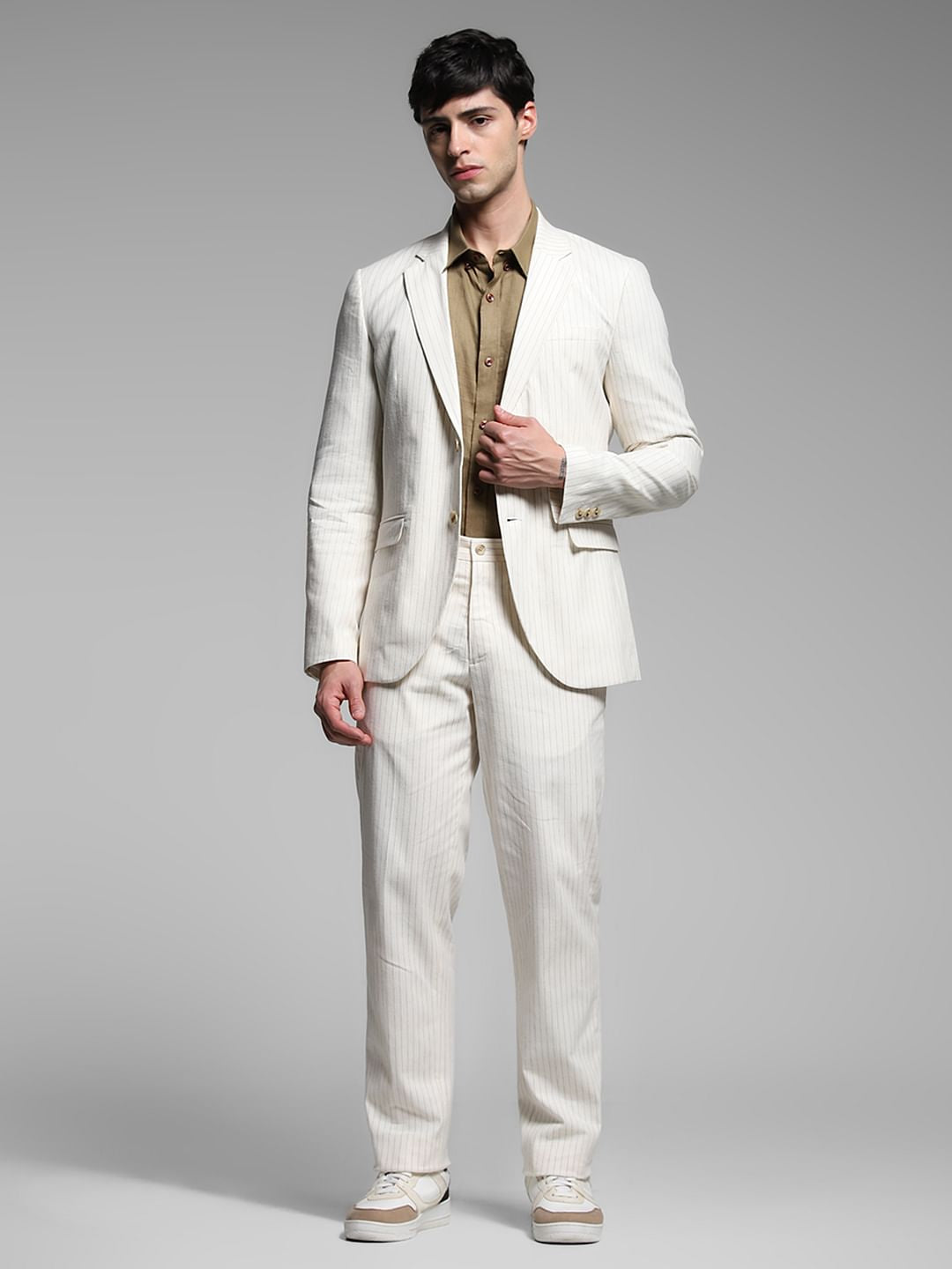 White Striped Slim Fit Linen Blazer