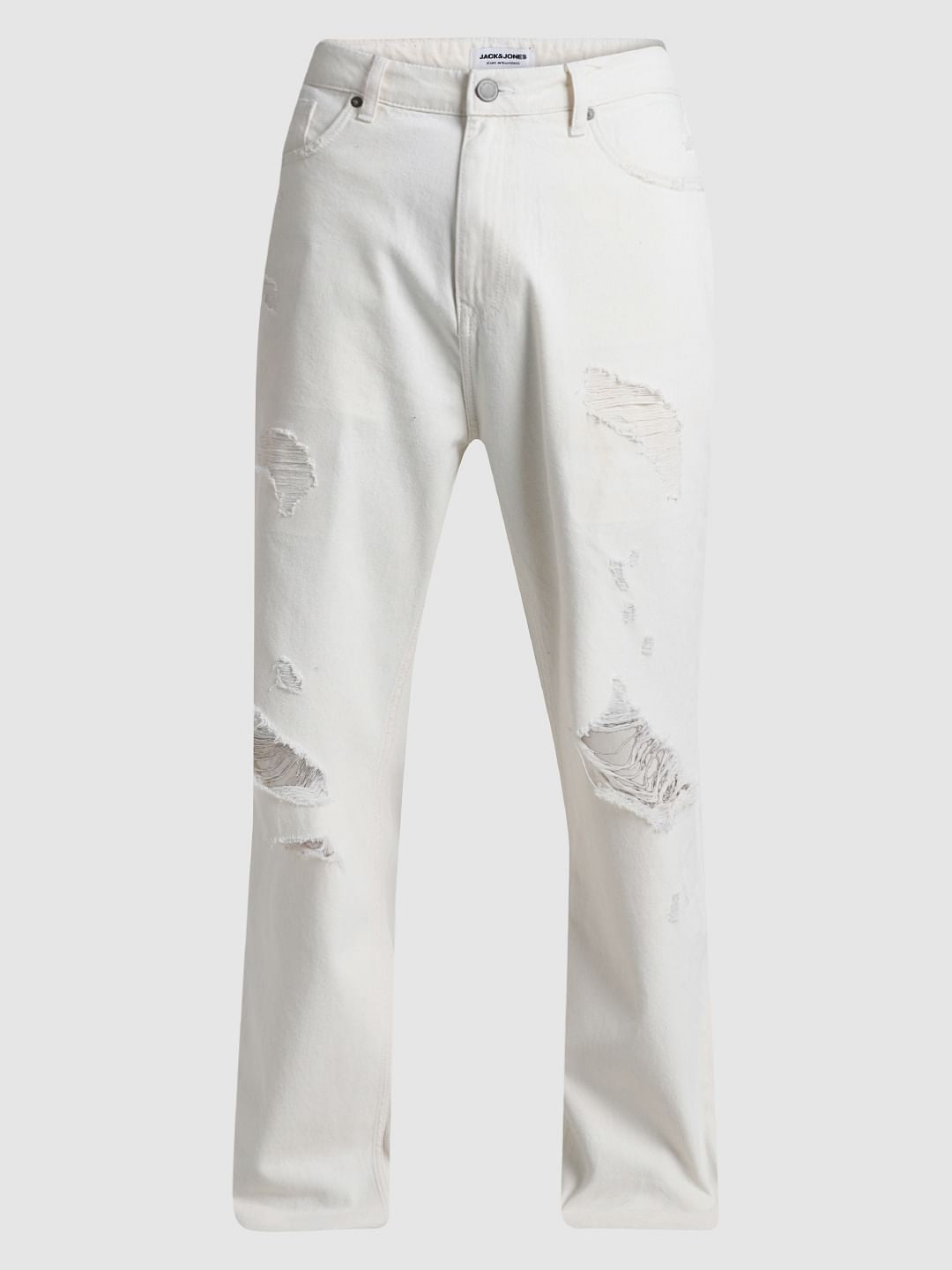 Ecru Mid Rise Distressed Loose Fit Jeans