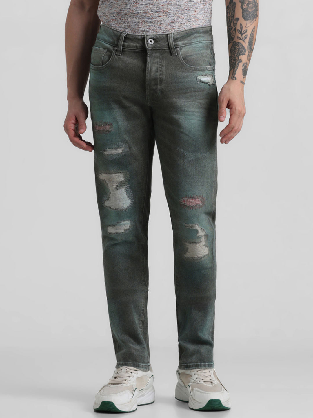 URBAN RACERS by JACK&JONES Green Low Rise Distressed Glenn Slim Jeans