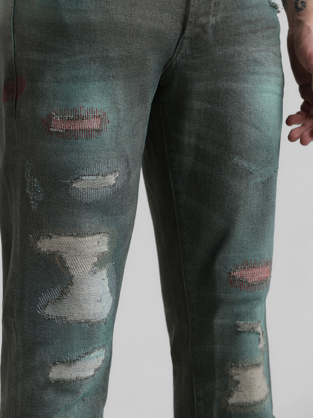 URBAN RACERS by JACK&JONES Green Low Rise Distressed Glenn Slim Jeans
