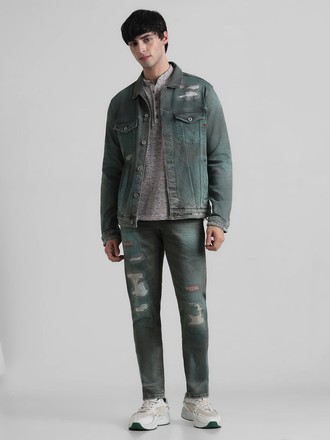 URBAN RACERS by JACK&JONES Green Low Rise Distressed Glenn Slim Jeans