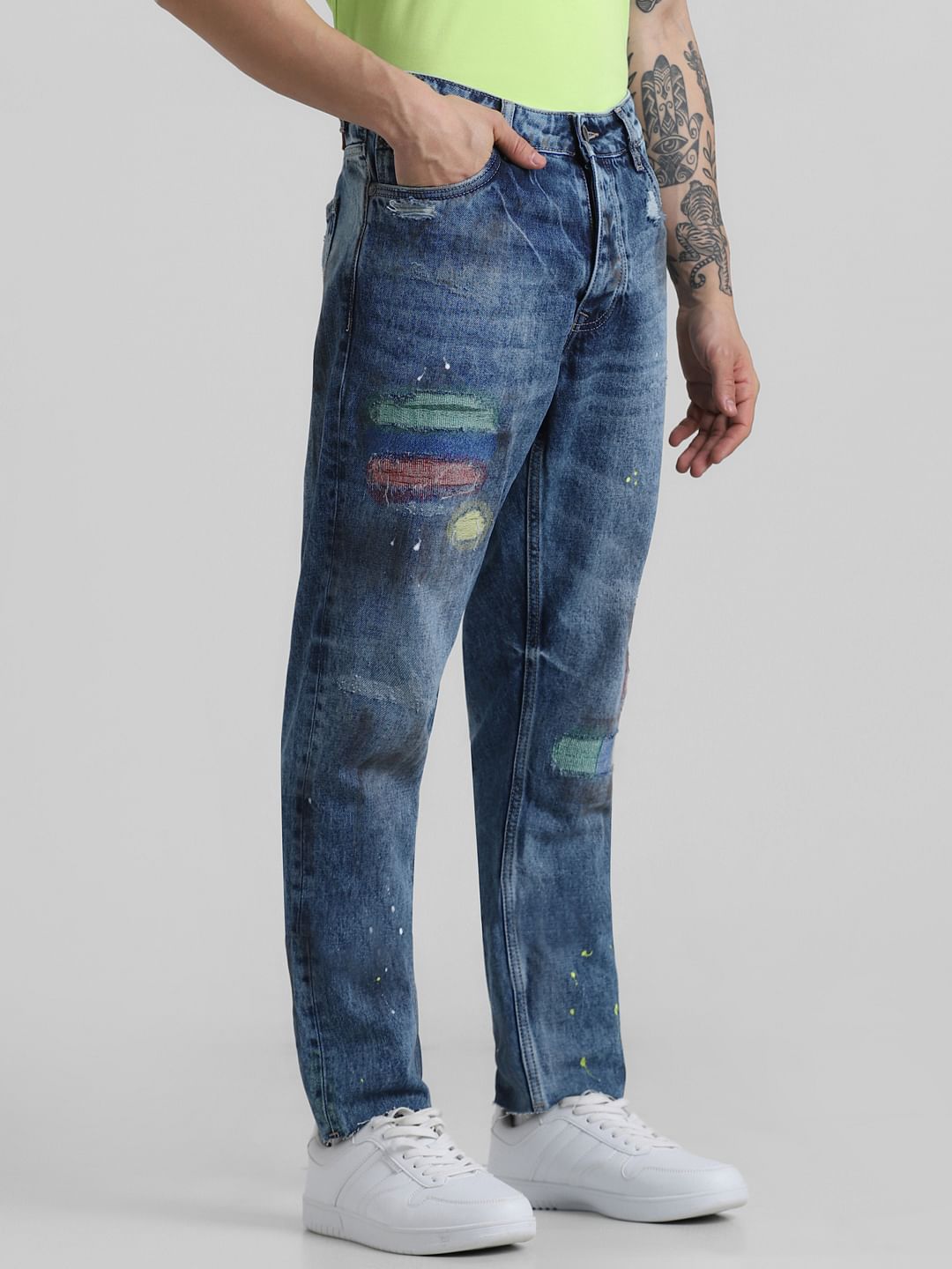 Blue Mid Rise Printed Erik Anti Fit Jeans