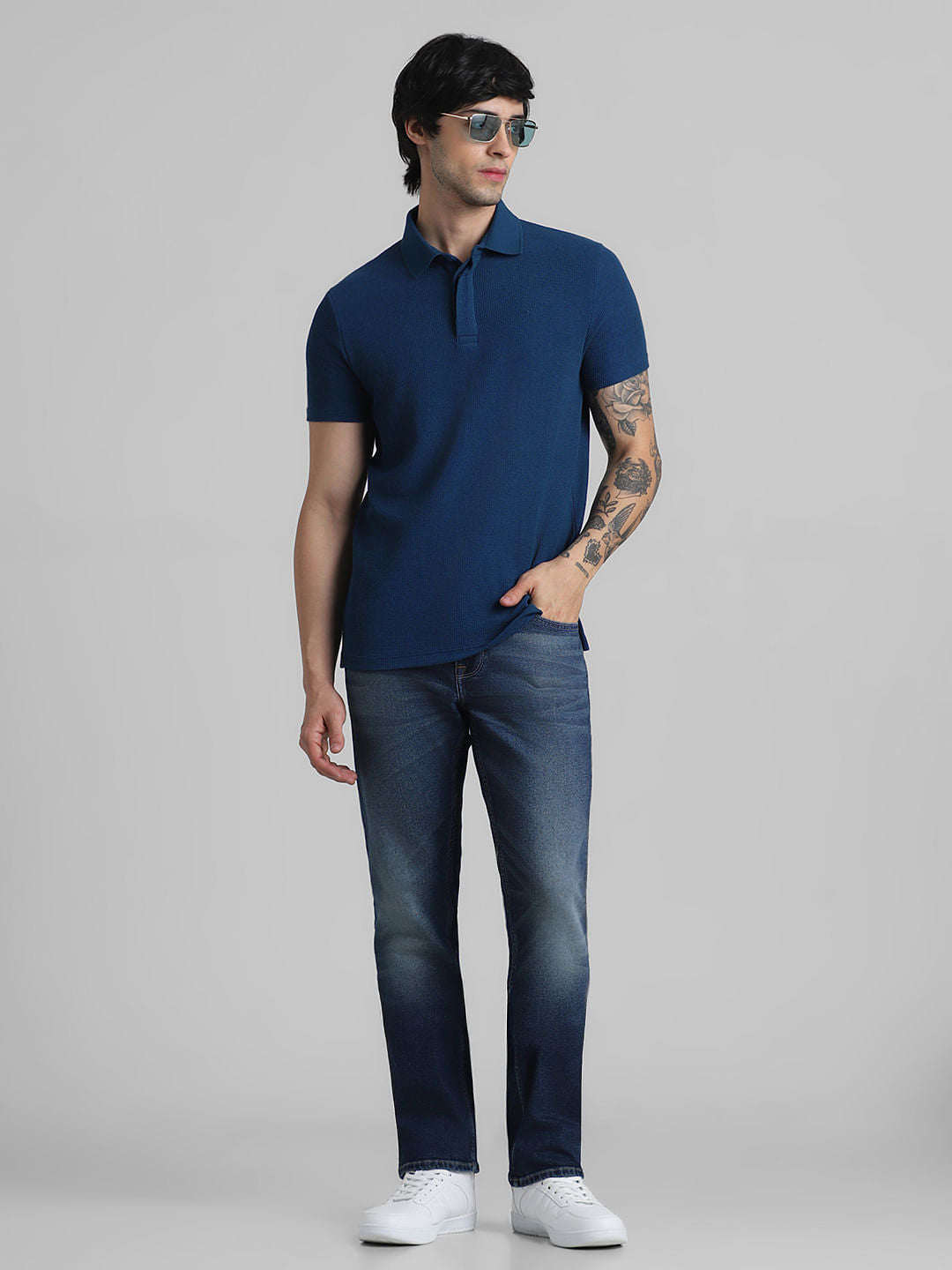 Blue Mid Rise Washed Regular Fit Jeans