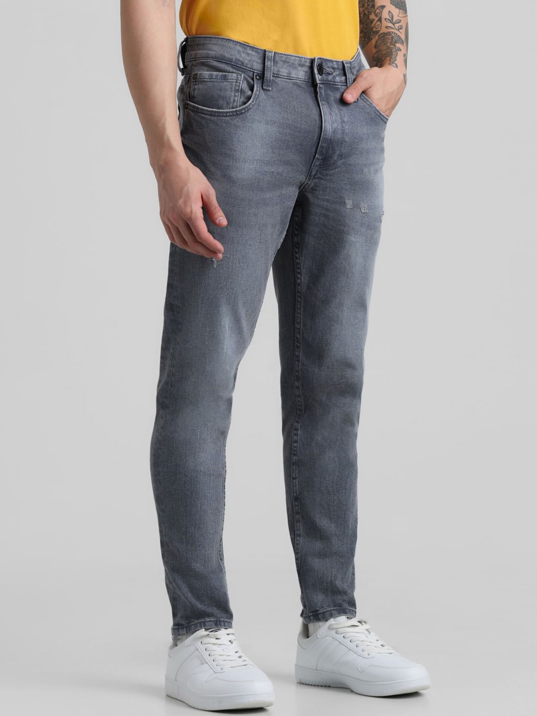 Grey Mid Rise Distressed Slim Jeans