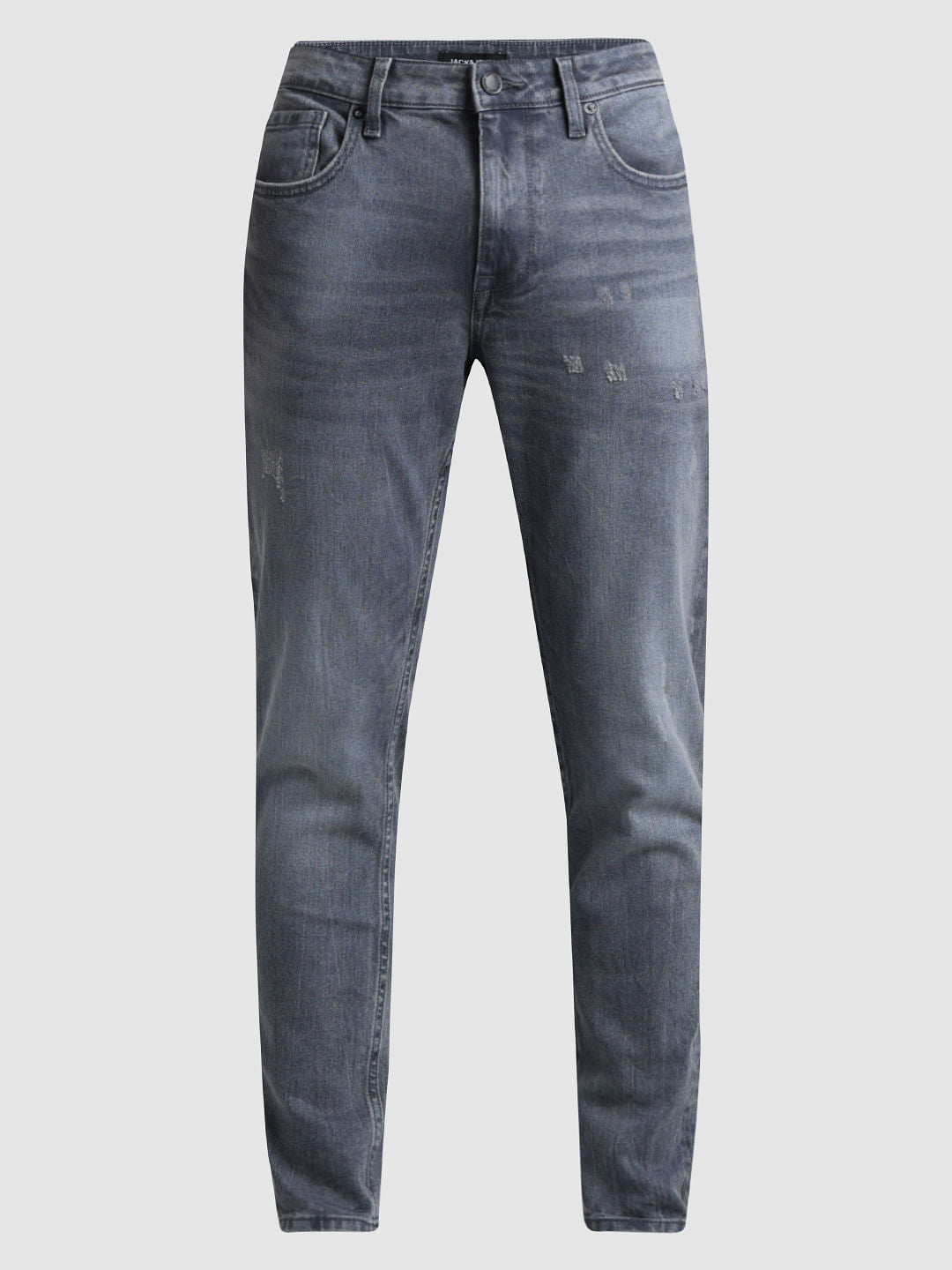 Grey Mid Rise Distressed Slim Jeans
