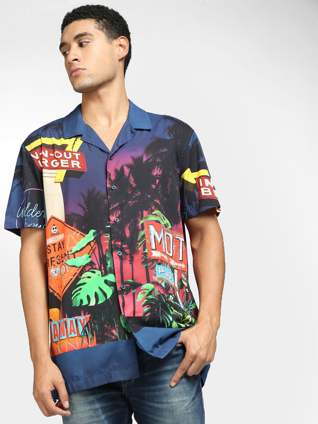 Blue Graphic Print Half Sleeves Shirt