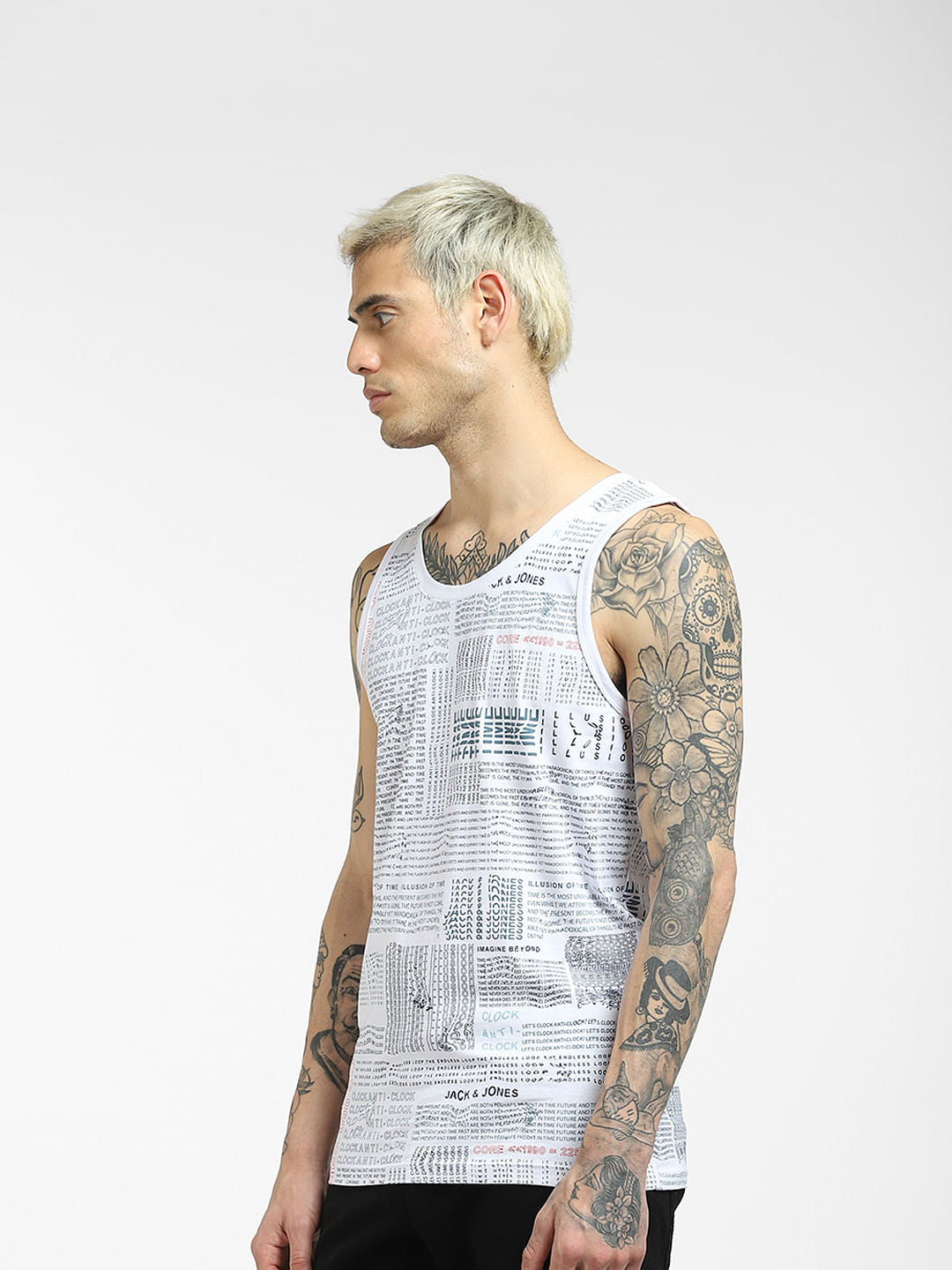 White Text Print Sleeveless T-shirt