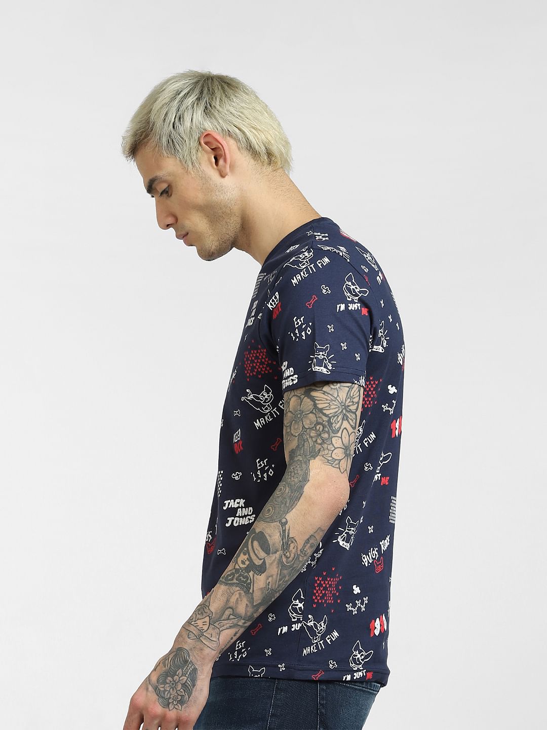 Blue Printed Crew Neck T-shirt