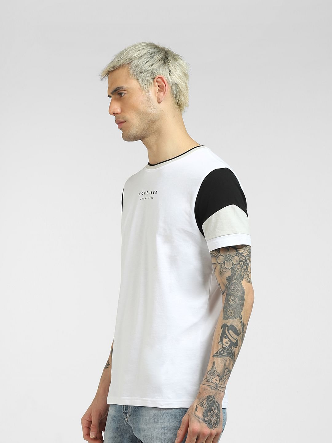 White Colourblocked Sleeves T-shirt