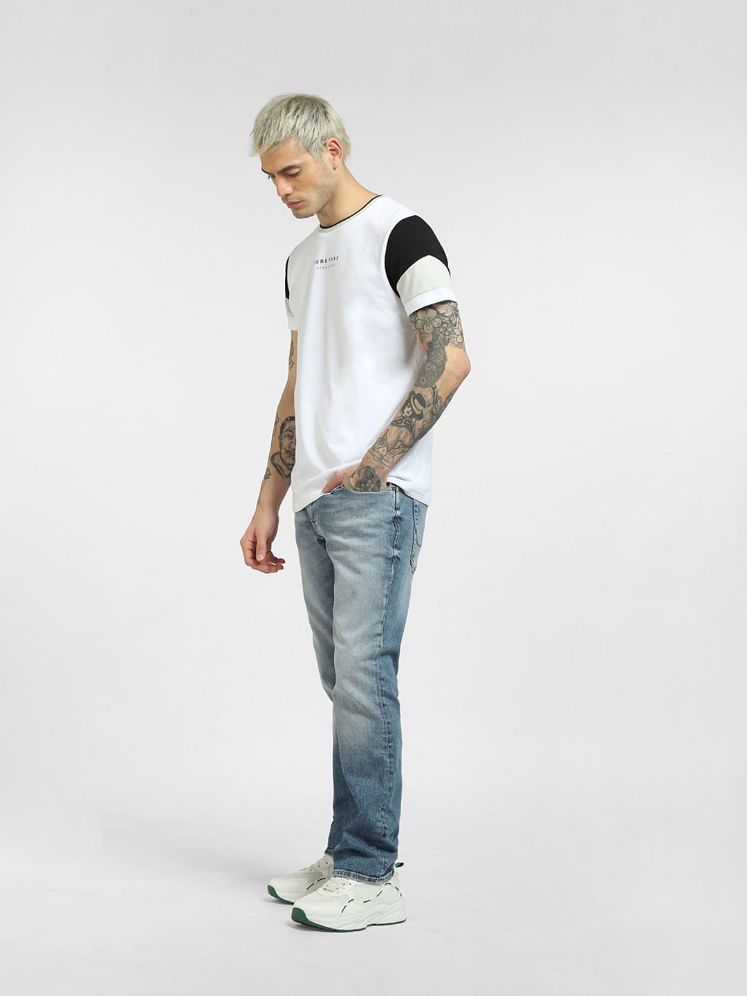 White Colourblocked Sleeves T-shirt