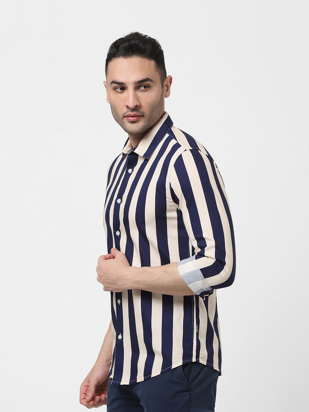 Beige Striped Full Sleeves Shirt
