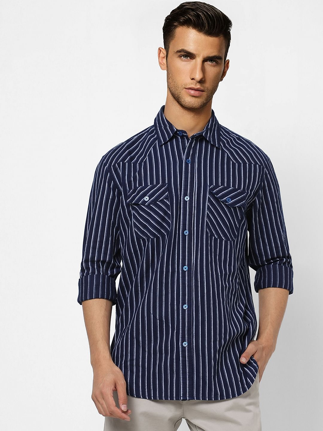 Navy Blue Striped Full Sleeves Shirt
