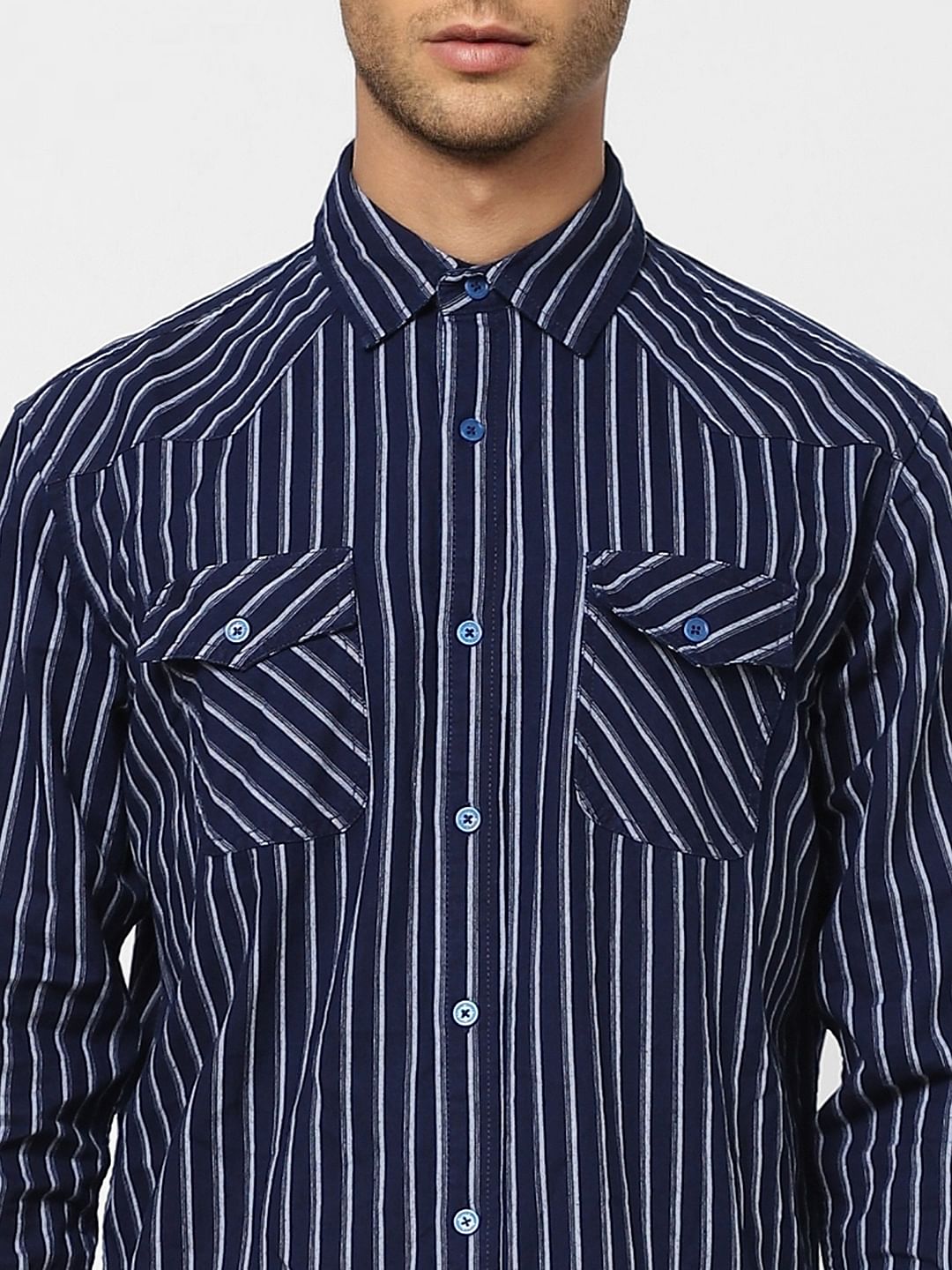 Navy Blue Striped Full Sleeves Shirt