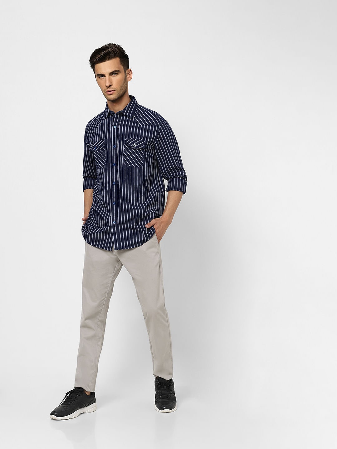 Navy Blue Striped Full Sleeves Shirt