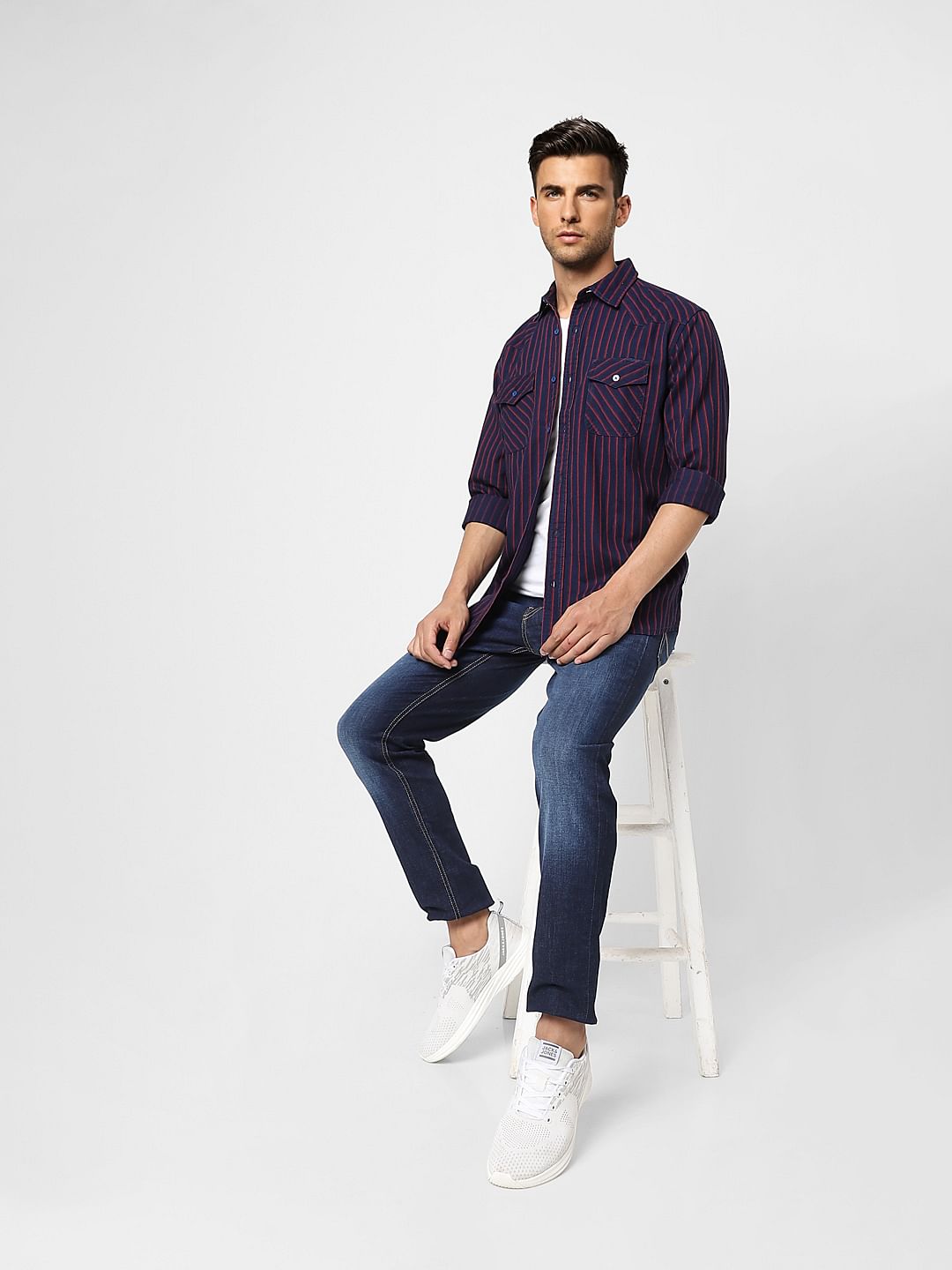 Dark Blue Striped Full Sleeves Shirt