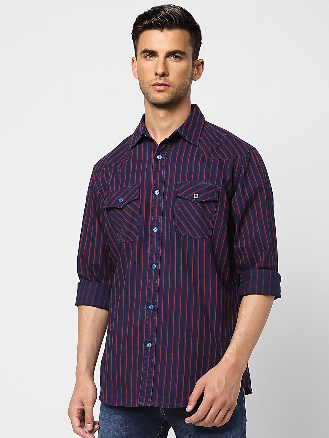 Dark Blue Striped Full Sleeves Shirt