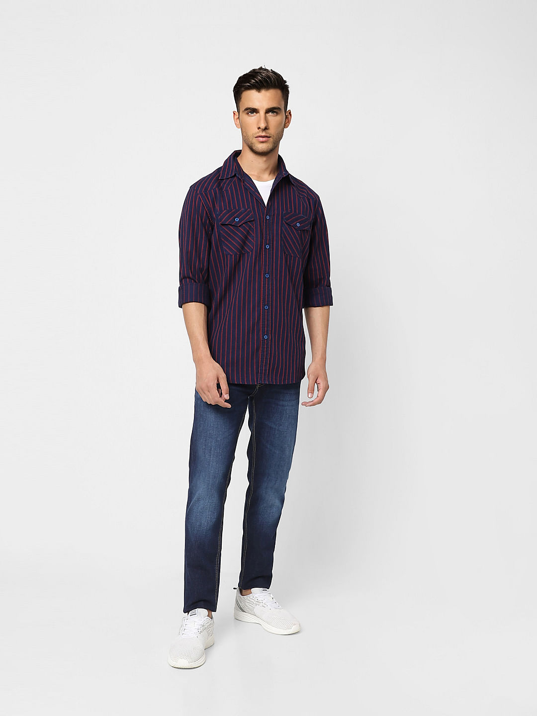 Dark Blue Striped Full Sleeves Shirt