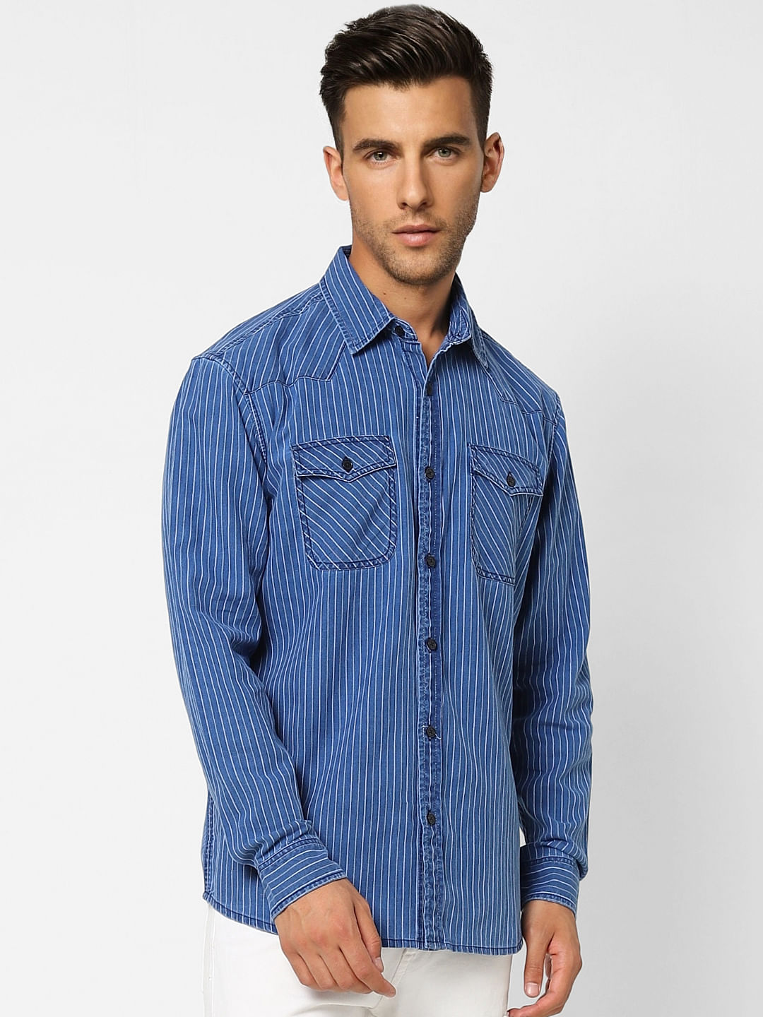 Blue Striped Denim Full Sleeves Shirt