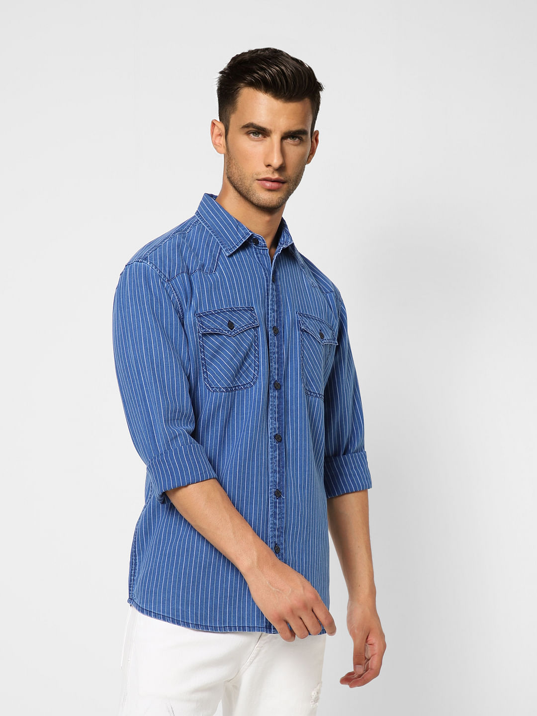 Blue Striped Denim Full Sleeves Shirt