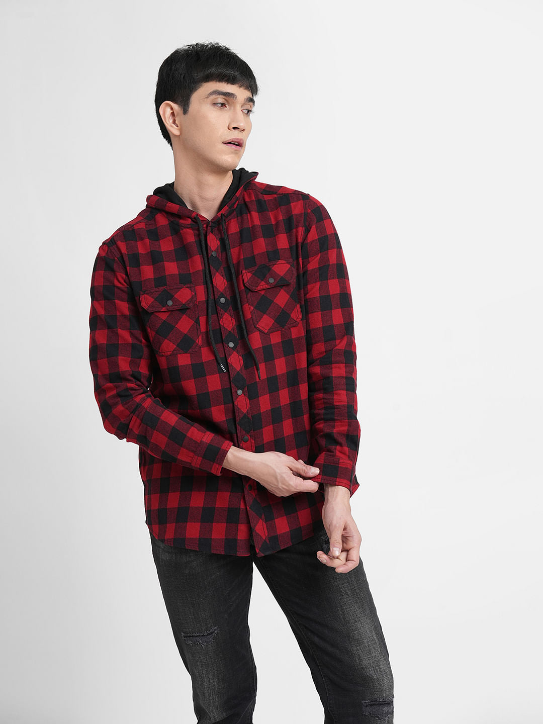Black Check Hooded Full Sleeves Shirt