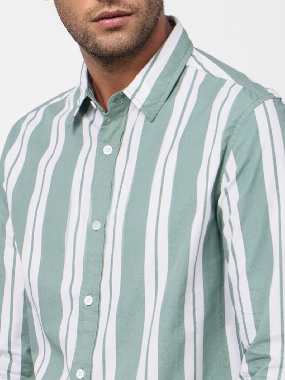 Green Striped Full Sleeves Shirt