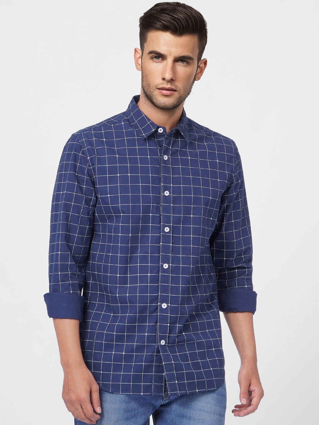 Navy Blue Check Full Sleeves Shirt