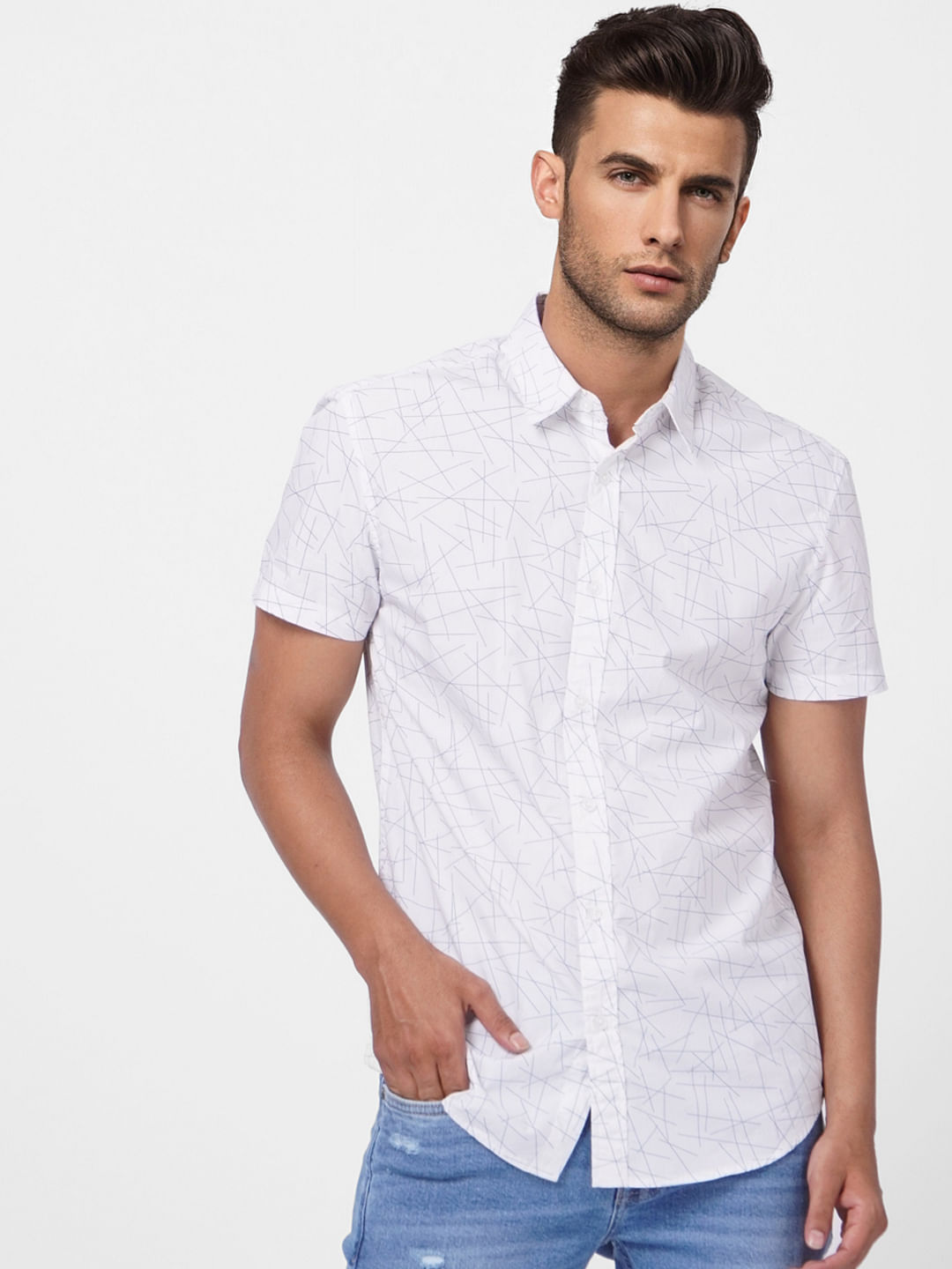 White Abstract Print Short Sleeves Shirt