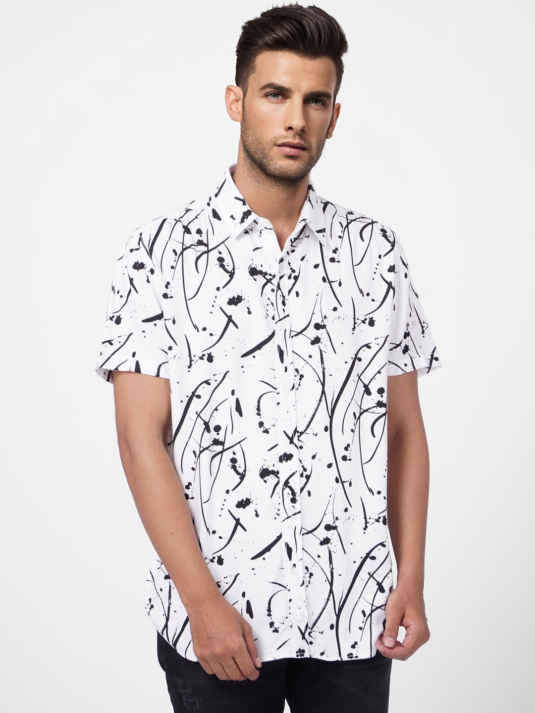 White Abstract Print Short Sleeves Shirt