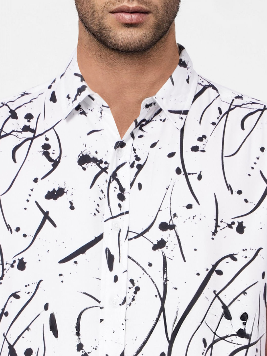 White Abstract Print Short Sleeves Shirt
