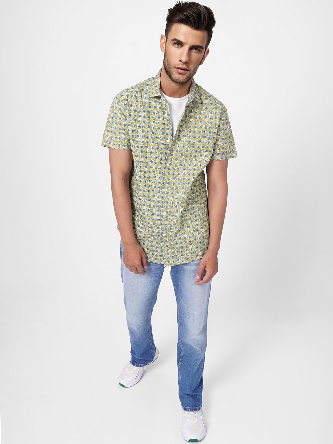 Green Floral Print Short Sleeves Shirt