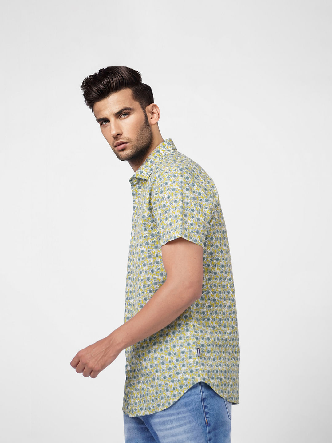 Green Floral Print Short Sleeves Shirt