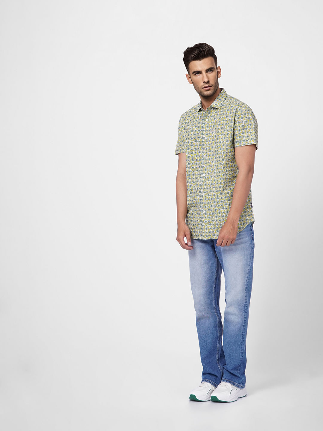 Green Floral Print Short Sleeves Shirt