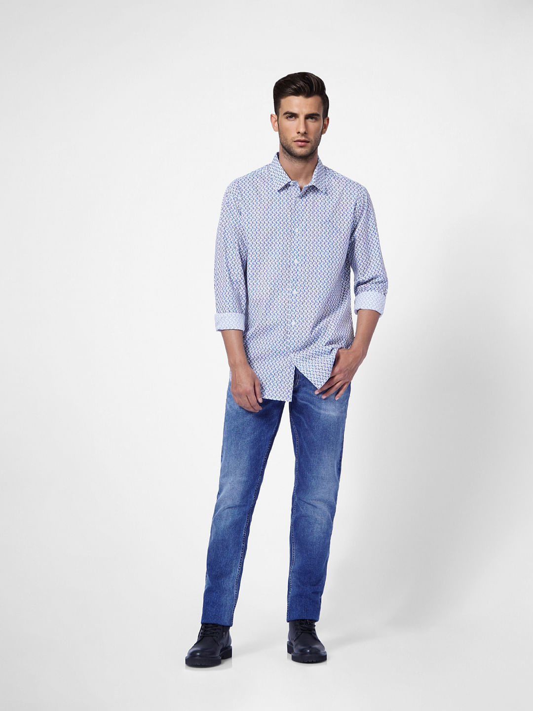 White & Blue Printed Full Sleeves Shirt