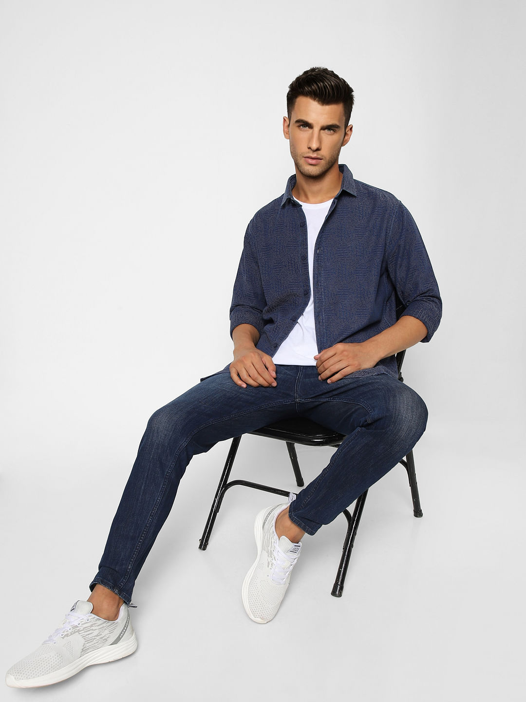 Navy Blue Printed Full Sleeves Shirt