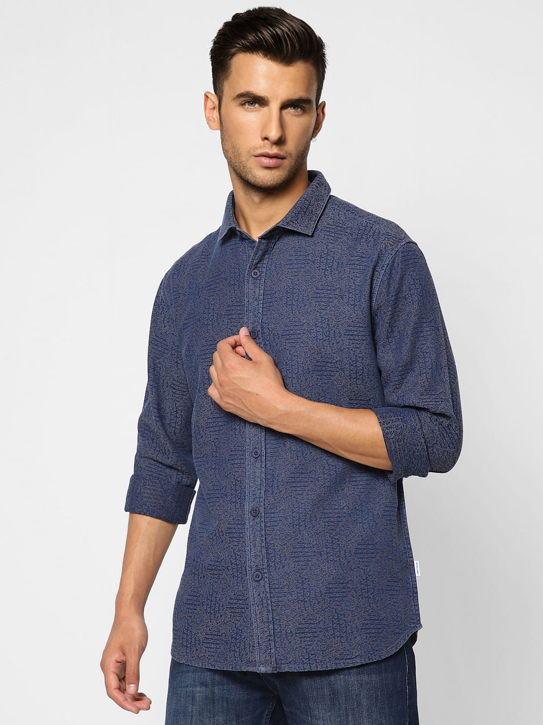 Navy Blue Printed Full Sleeves Shirt