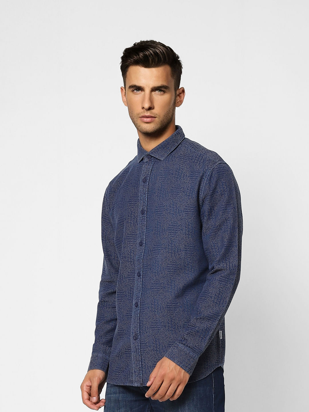 Navy Blue Printed Full Sleeves Shirt