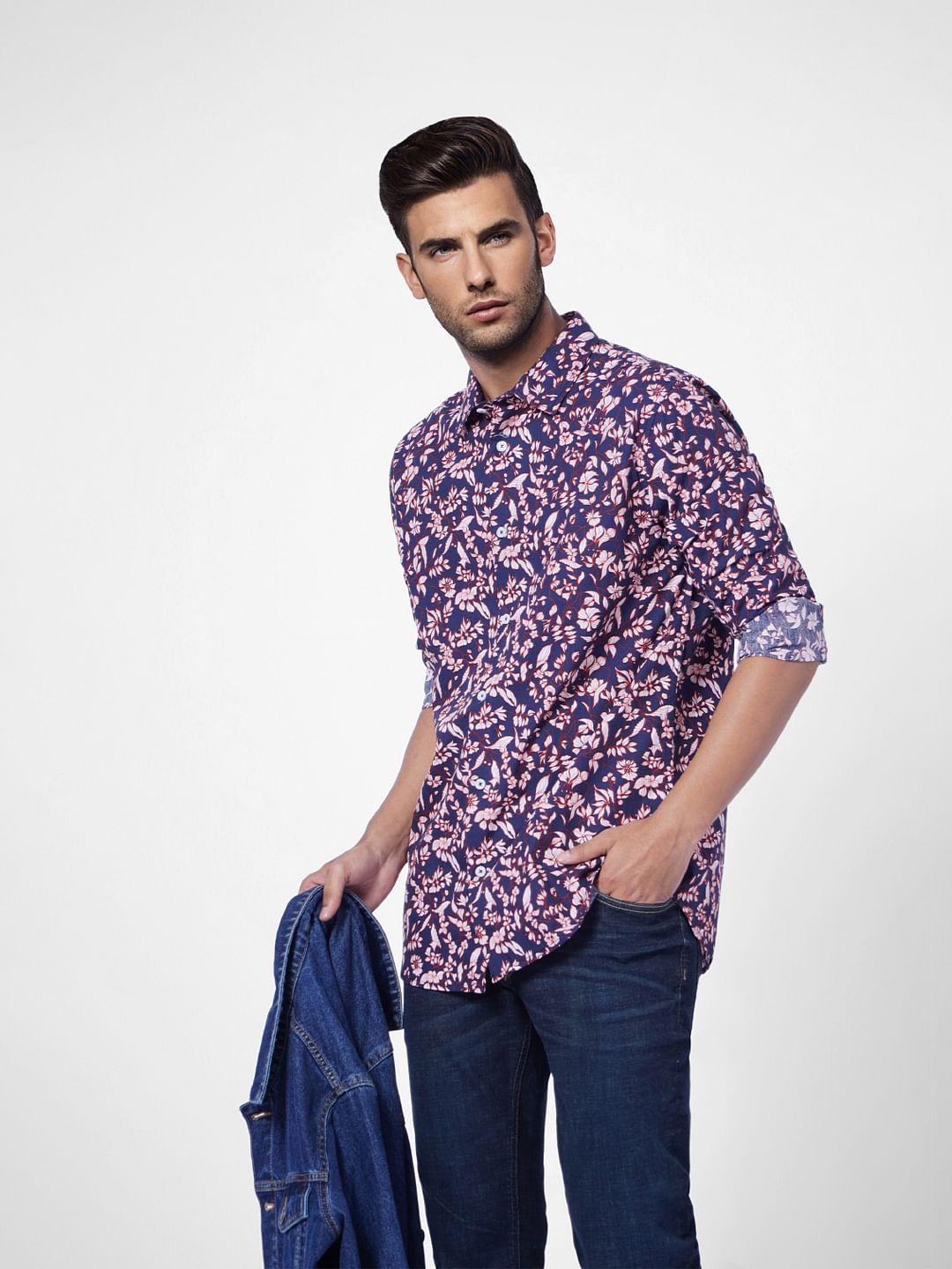 Navy Blue Floral Print Full Sleeves Shirt