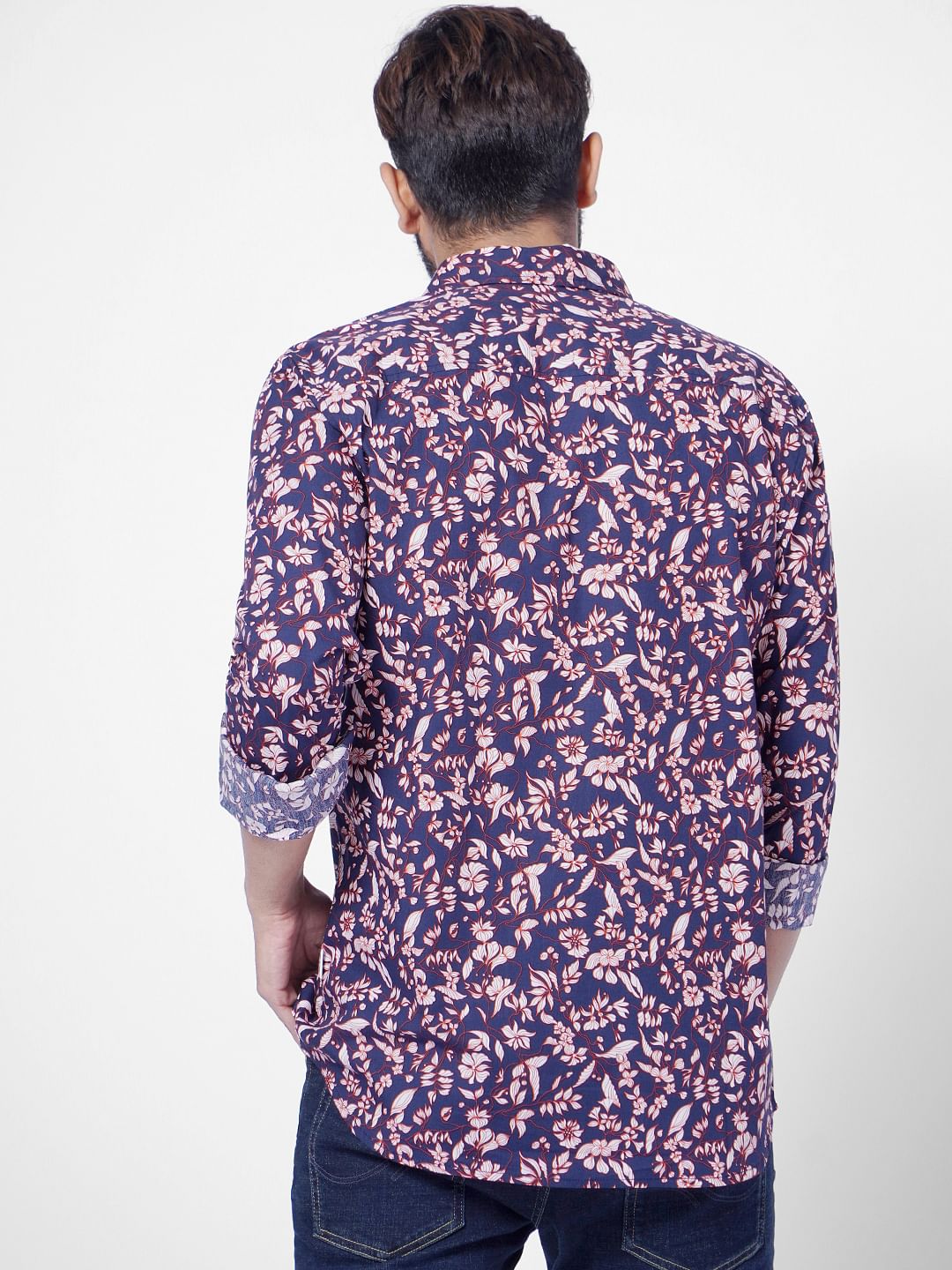 Navy Blue Floral Print Full Sleeves Shirt