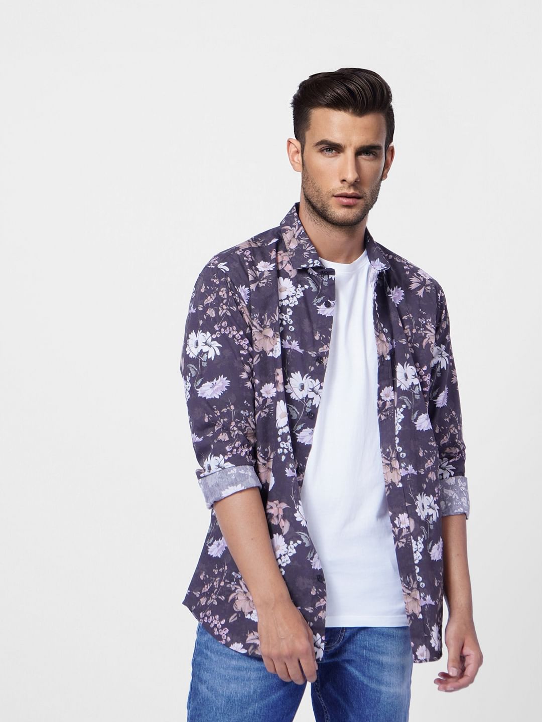 Black Floral Print Full Sleeves Shirt