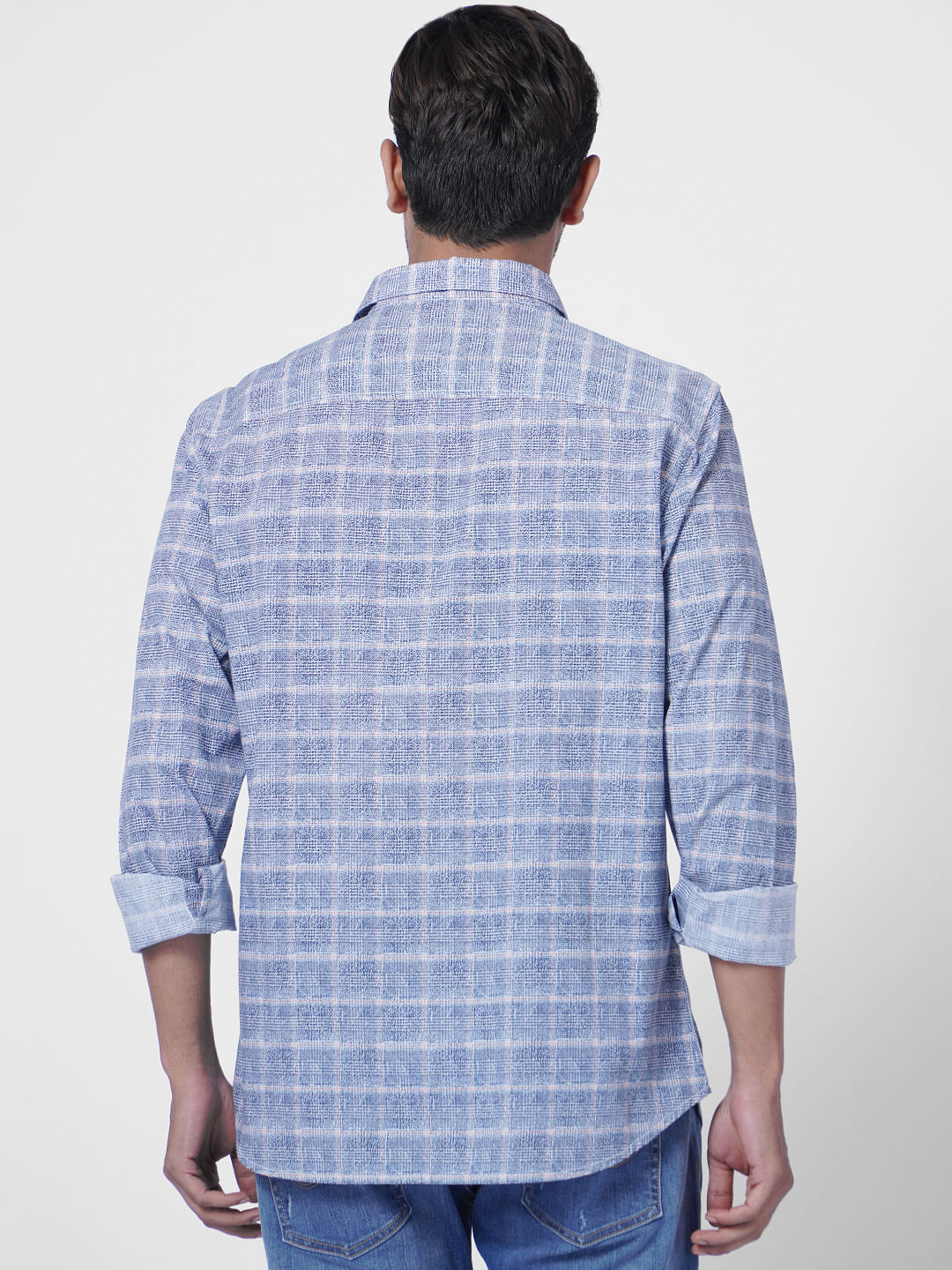 Blue Colourblocked Check Full Sleeves Shirt