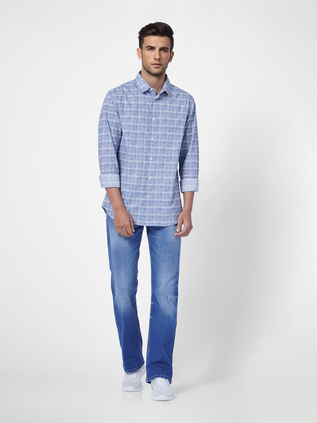 Blue Colourblocked Check Full Sleeves Shirt