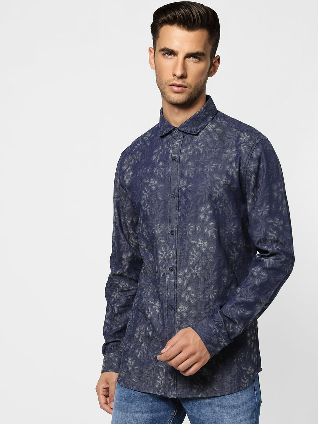 Blue Floral Denim Full Sleeves Shirt